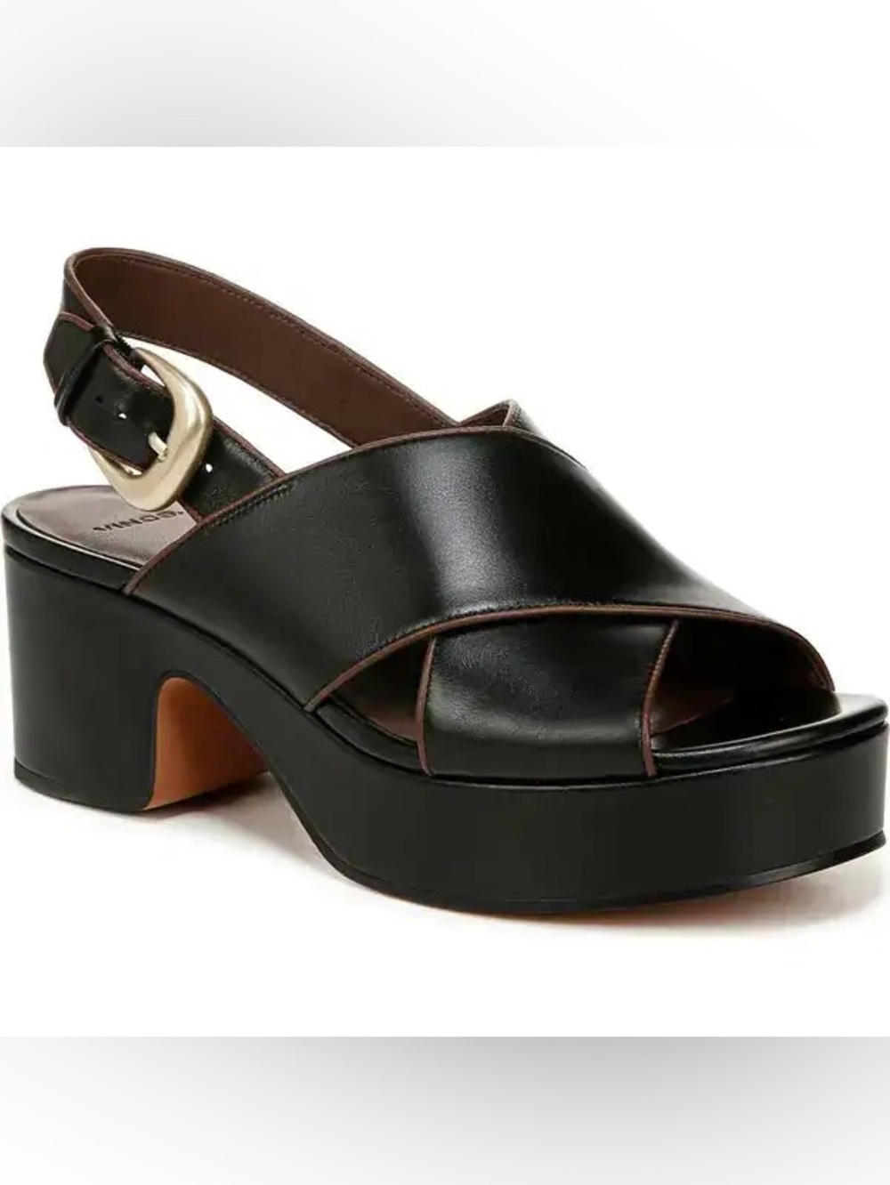 Vince Black Leather Platform Slingback Sandal with Gold Buckle Size 9.5